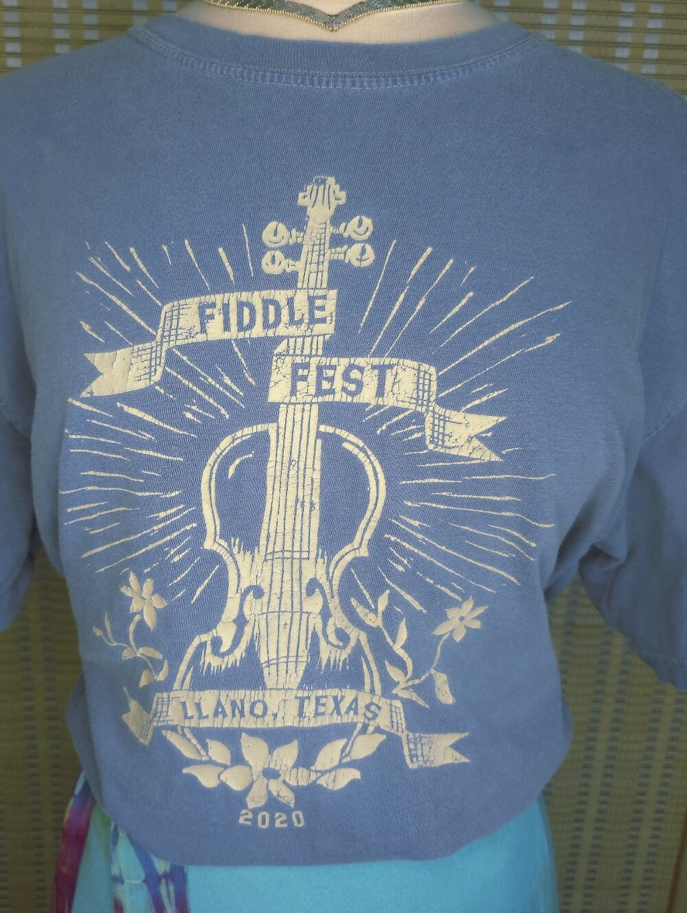 100% Cotton Light Blue Llano Fiddle Fest 2020 T-shirt in women's size Large